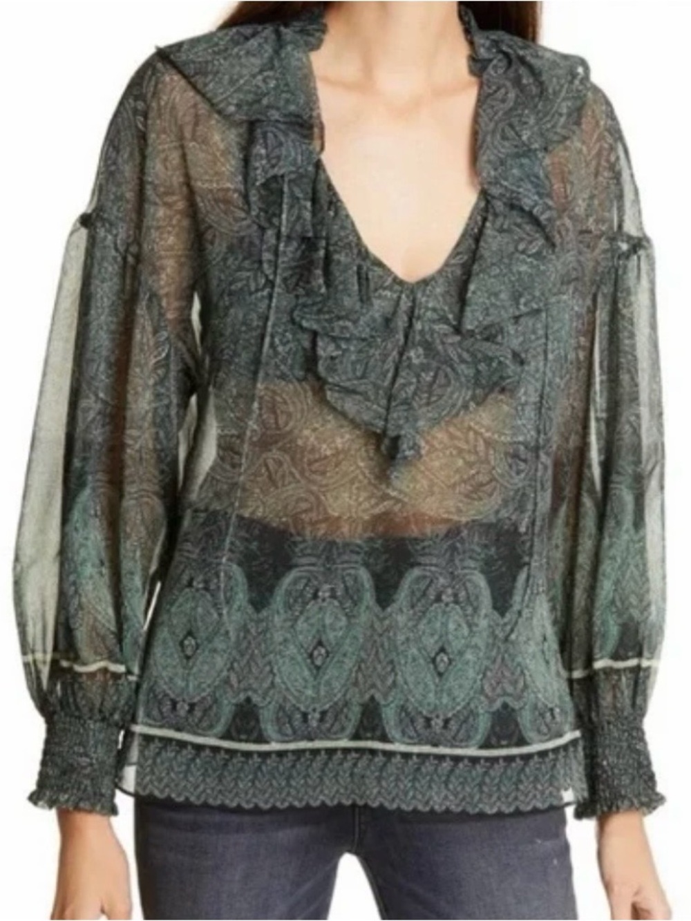 Alice + Olivia Julius Ruffle Blouson Sleeve Greens Sheer Paisley Blouse